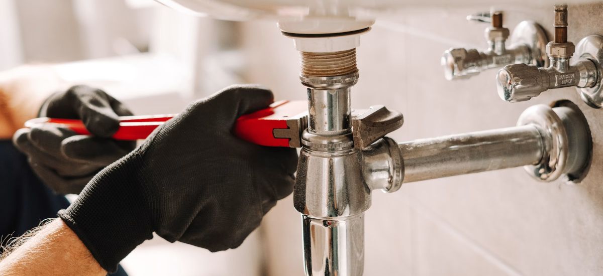 Plumber providing drain cleaning service under a bathroom sink