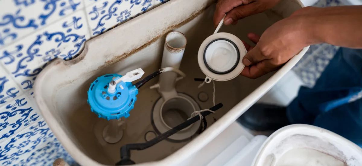 Plumber providing drain cleaning service under a bathroom sink